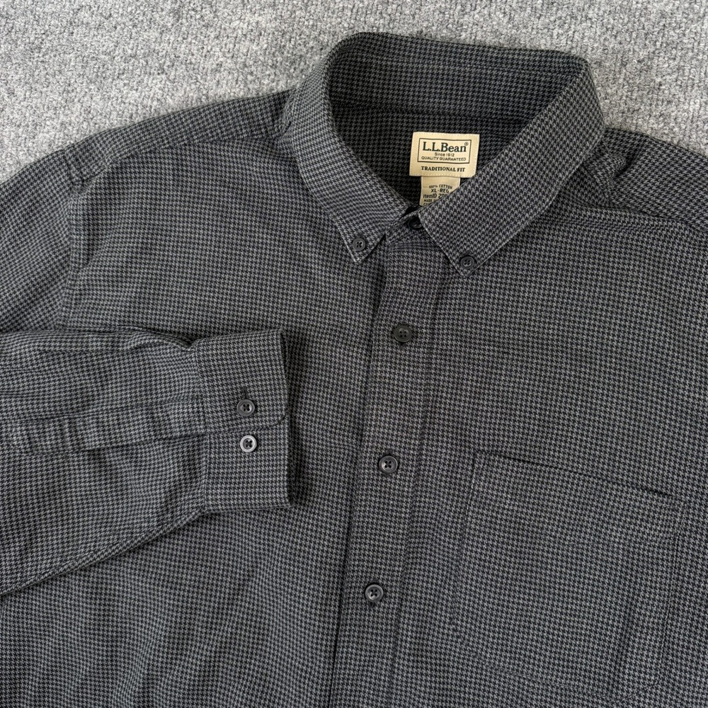 LL Bean Wicked Good Flannel Shirt Mens XL Gray Black Houndstooth Button Up